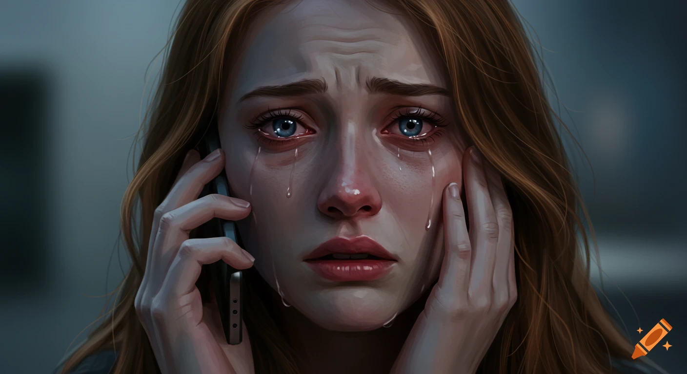 Close-up digital art portrait of a young woman with red hair crying, holding a phone to her ear, looking scared and sad.
