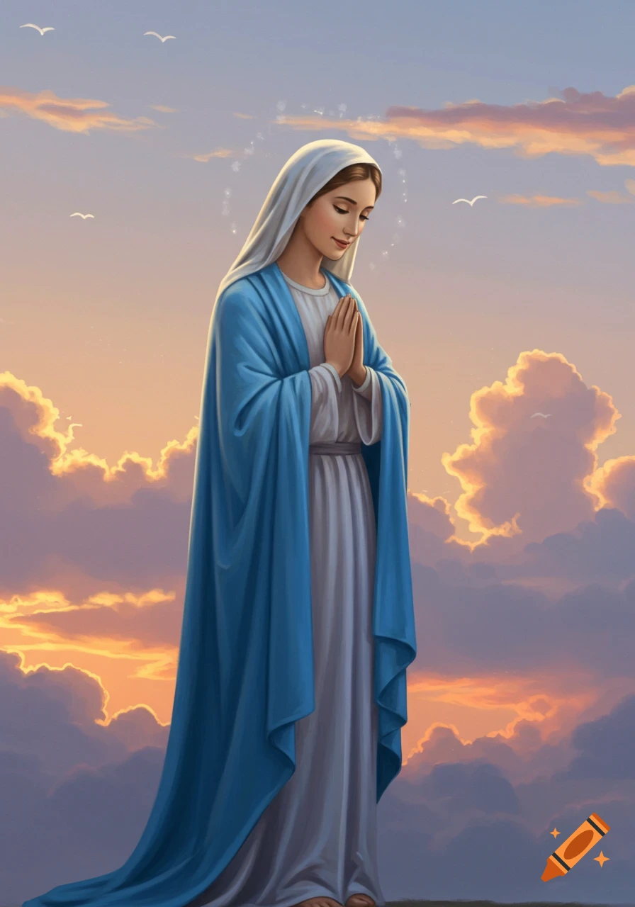 Digital painting of Mary, Mother of Jesus, standing in prayer with a gentle expression against a peaceful sunset sky with clouds and birds.