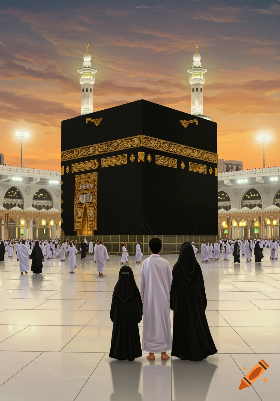 A family stands looking at the Kaaba in Mecca at sunset, surrounded by other pilgrims.