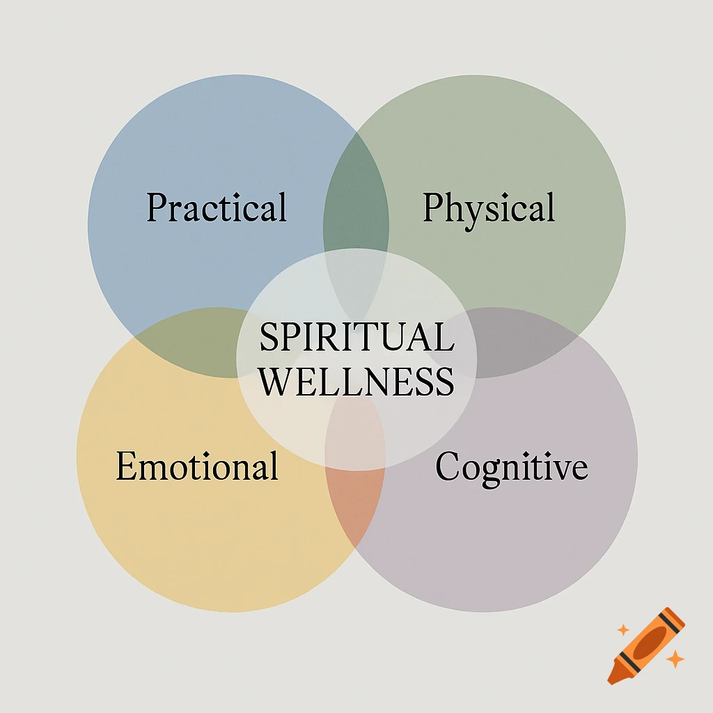 A simple Venn diagram shows four overlapping circles labeled 'Practical', 'Physical', 'Emotional', and 'Cognitive'. In the central overlap, the text 'SPIRITUAL WELLNESS' is displayed.