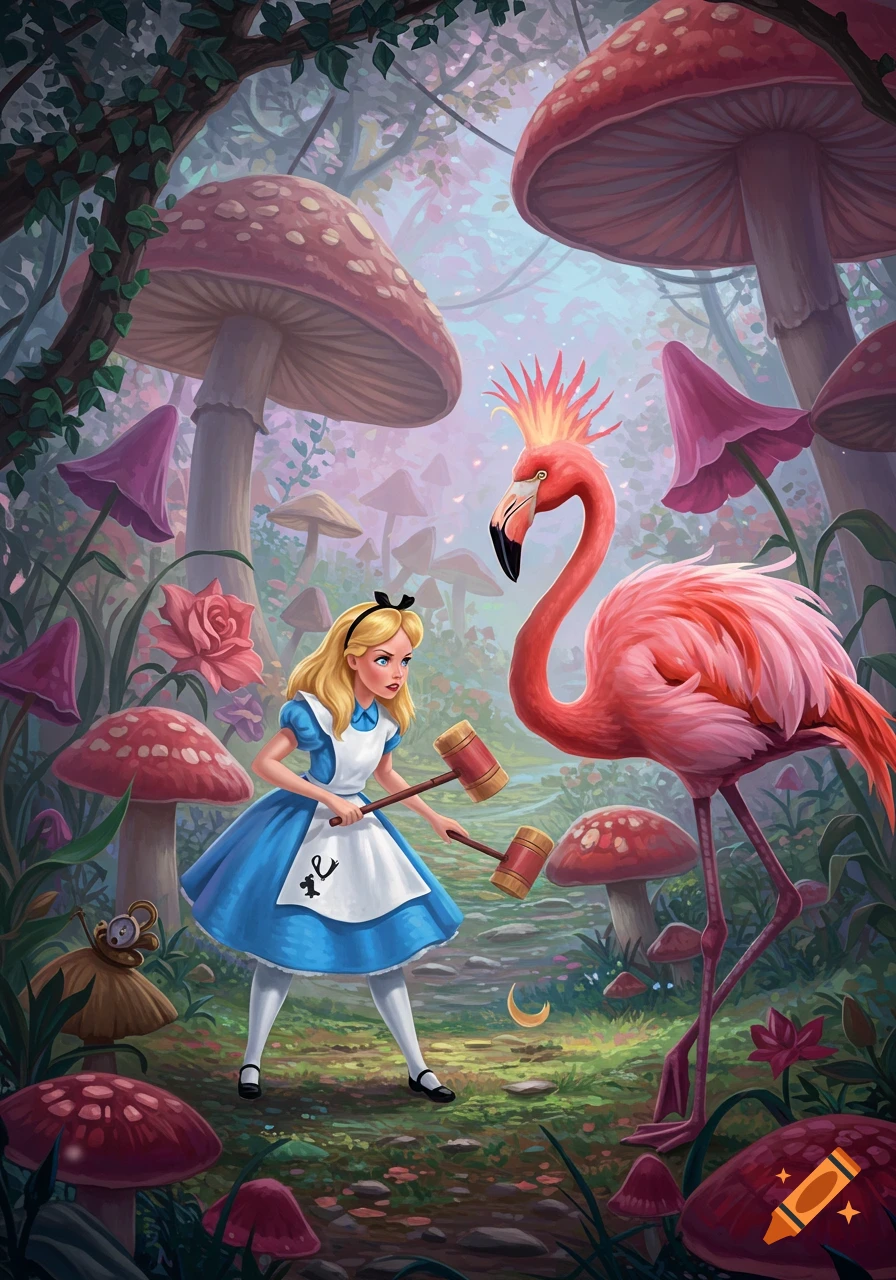 Alice in Wonderland stands in a vibrant fantasy forest, holding mallets, facing a pink flamingo with a spiky headpiece. Giant red mushrooms fill the scene in an illustrative style.