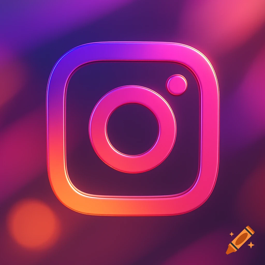 A glossy, metallic 3D rendering of the Instagram logo in vibrant pink, purple, and orange gradients against a dark, blurry background.