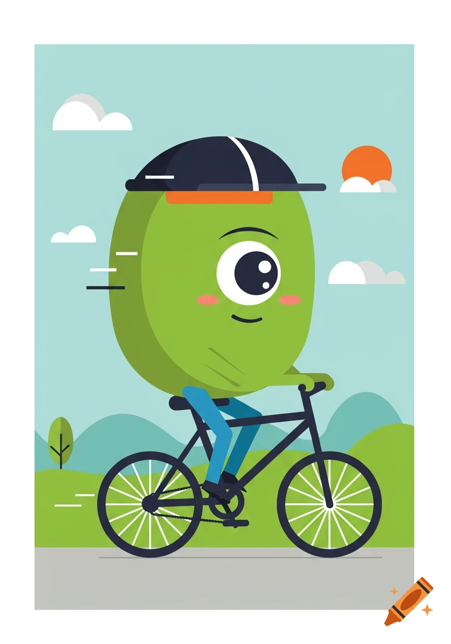 A cute, green cyclops character wearing a black and orange hat rides a bicycle on a road with hills and clouds in the background. Flat illustration style.