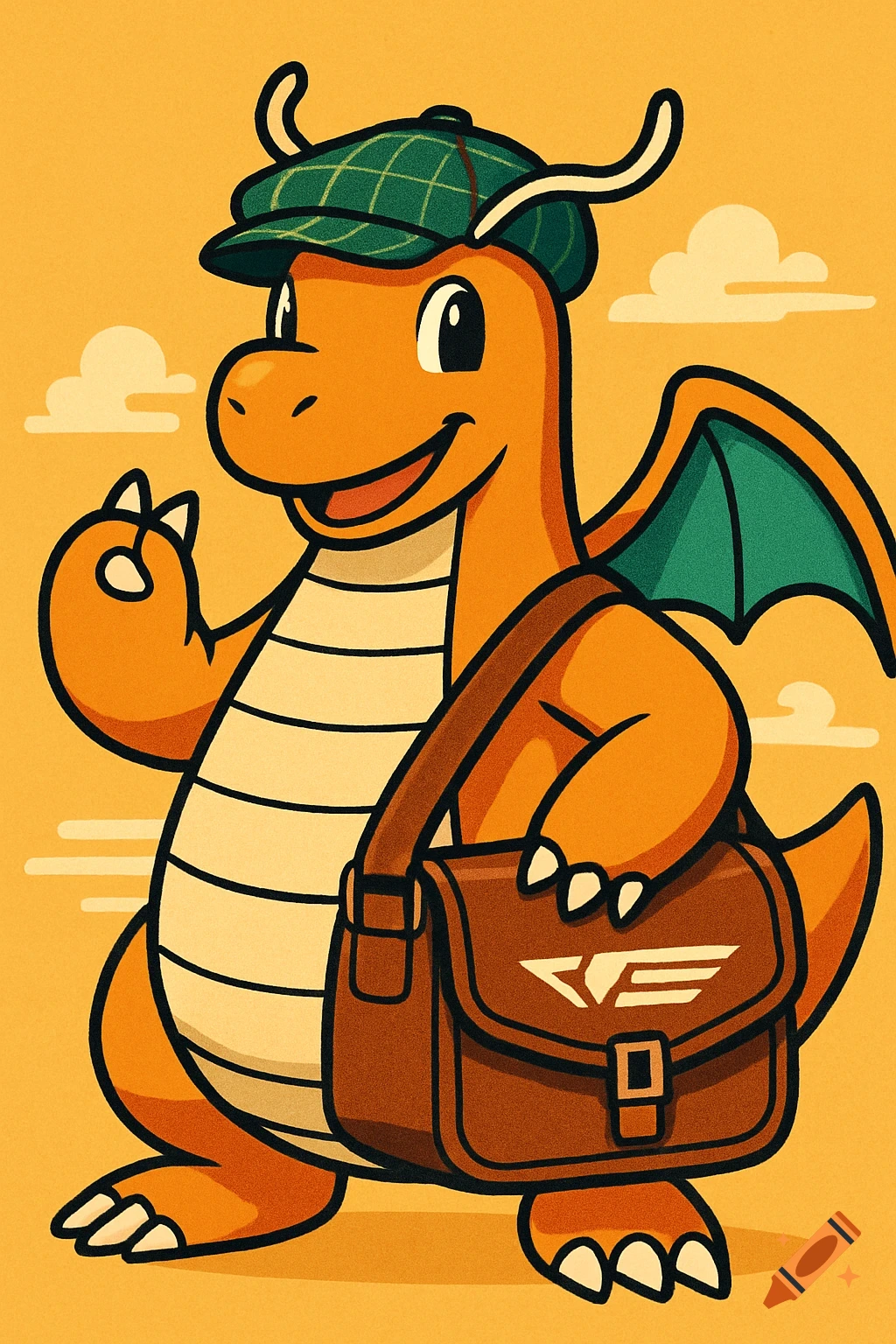 A cartoon Dragonite wearing a green plaid flat cap and a brown messenger bag, standing against an orange background with faint clouds.