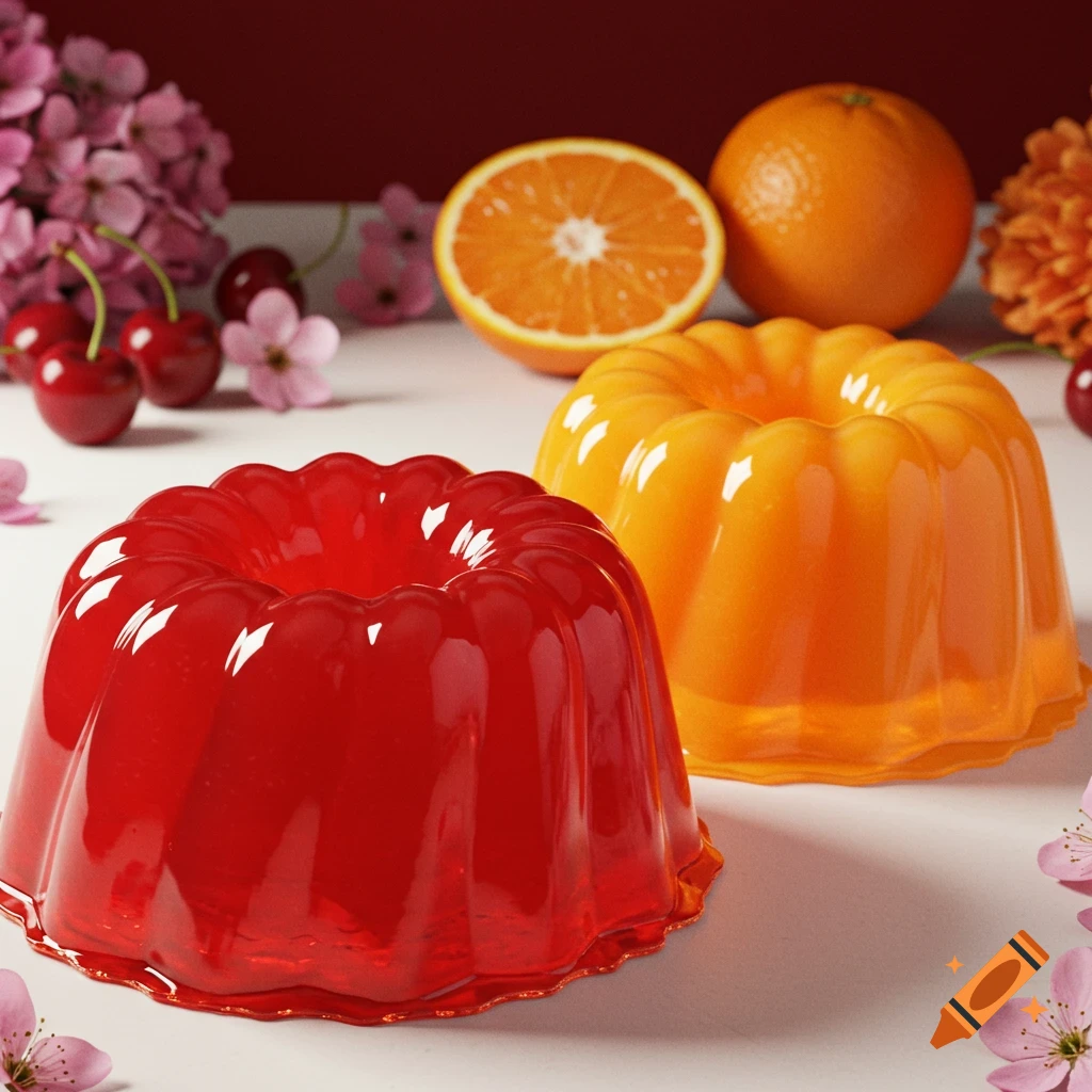 Two Bundt cake-shaped jellos, one red and one orange, sit on a white surface with oranges, cherries, and flowers.