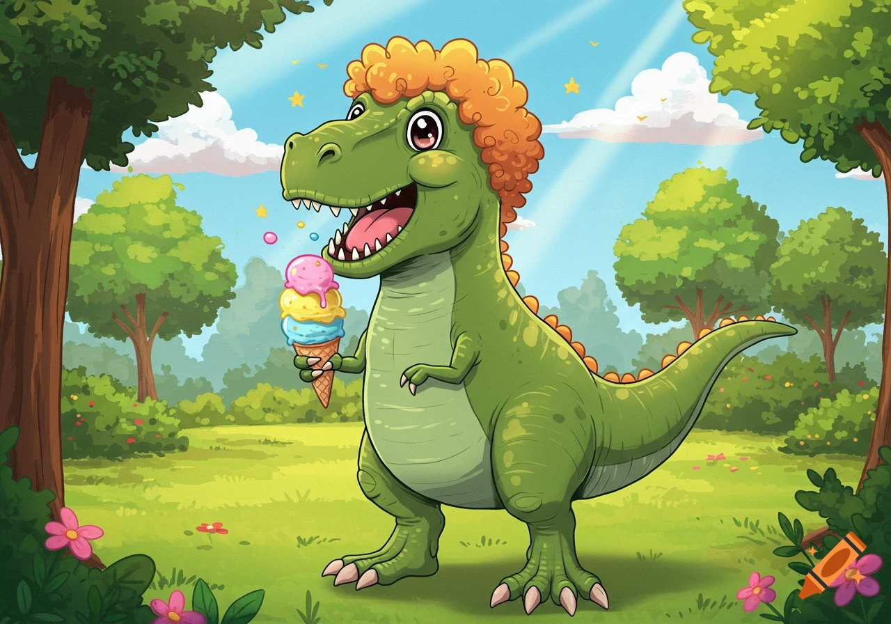 A smiling cartoon T. rex with orange curly hair holding a triple-scoop ice cream cone in a green park.