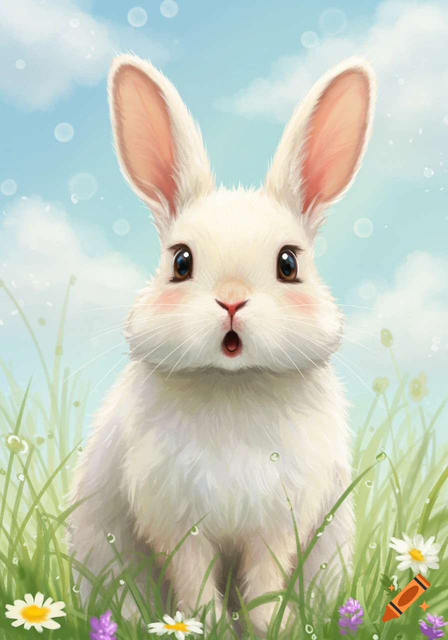 A cute, surprised white bunny with a pink nose stands in green grass with flowers under a blue sky in a digital illustration.