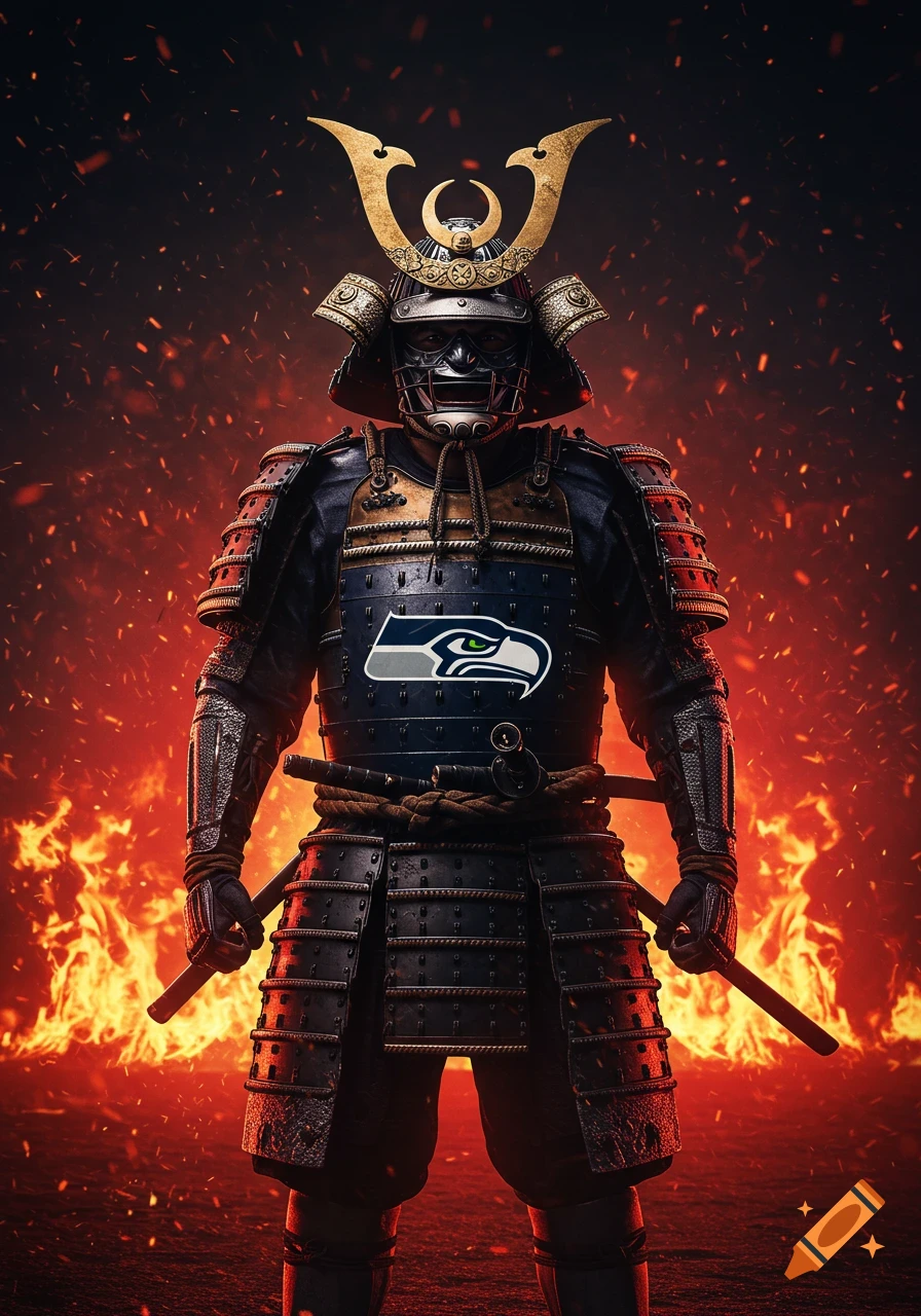 A samurai warrior in dark armor adorned with a Seattle Seahawks logo on the chest, standing against a backdrop of vibrant red flames and embers.