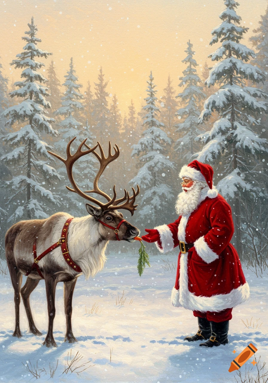 A painterly Santa Claus feeds a carrot to a reindeer in a snowy forest.