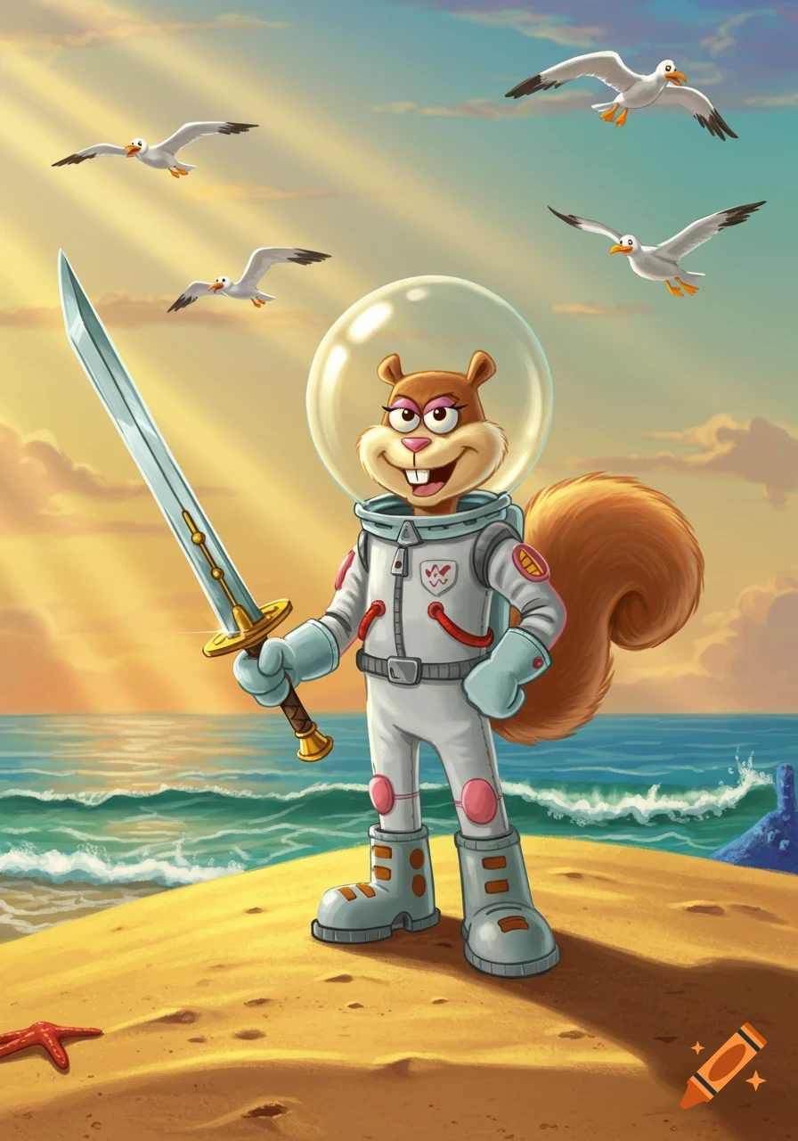 Sandy Cheeks from Spongebob, dressed in an astronaut suit and holding a sword, stands on a beach with seagulls flying under a sunset sky.