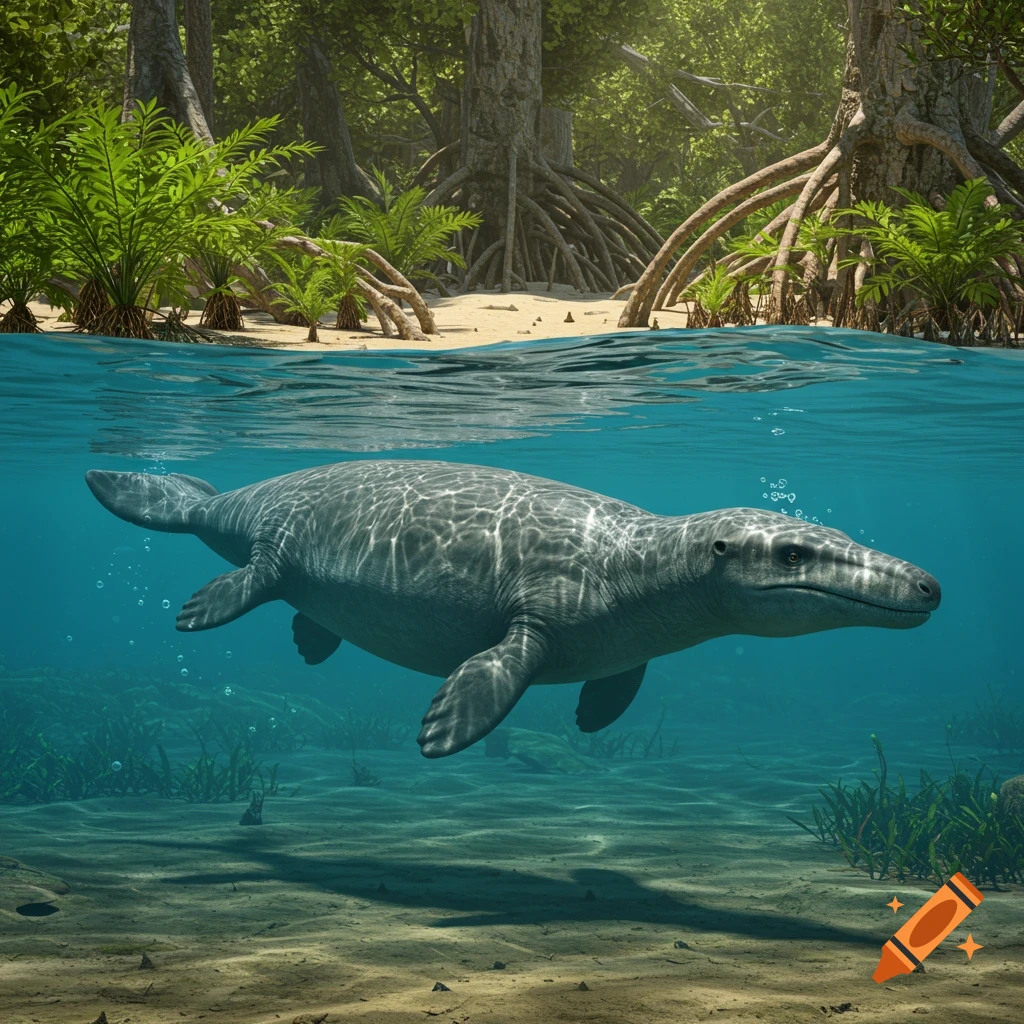 A photorealistic Ambulocetus swims in clear water with mangrove roots and sand visible above and below the surface.