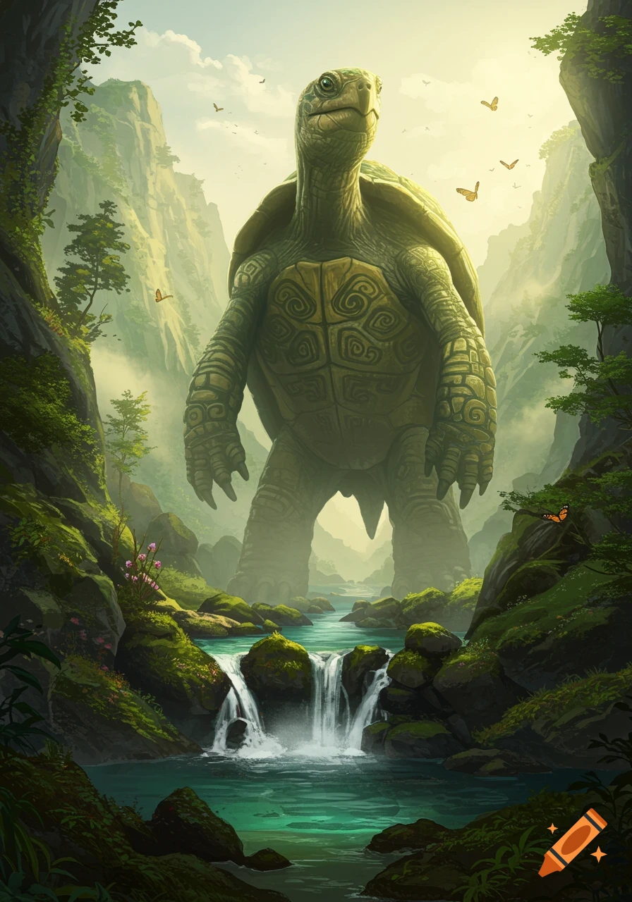 A colossal humanoid turtle stands in a verdant, misty valley with waterfalls and towering cliffs under a bright sky.