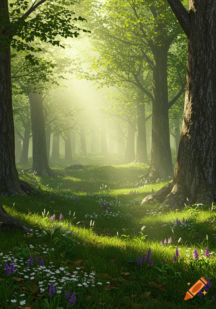 Sunlight streams through trees onto a grassy forest path with purple and white wildflowers.