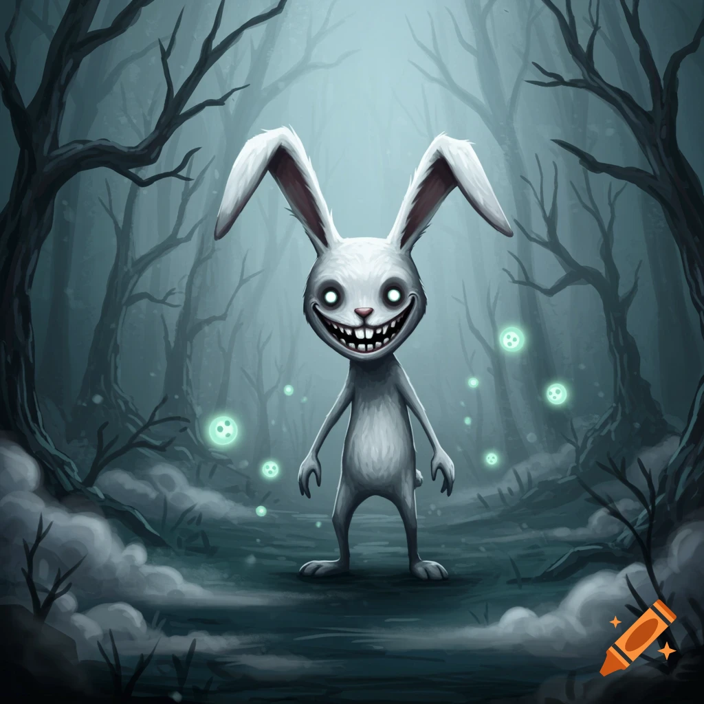 A creepy cartoon rabbit with glowing eyes and a wide grin stands in a dark, misty forest with green glowing orbs.