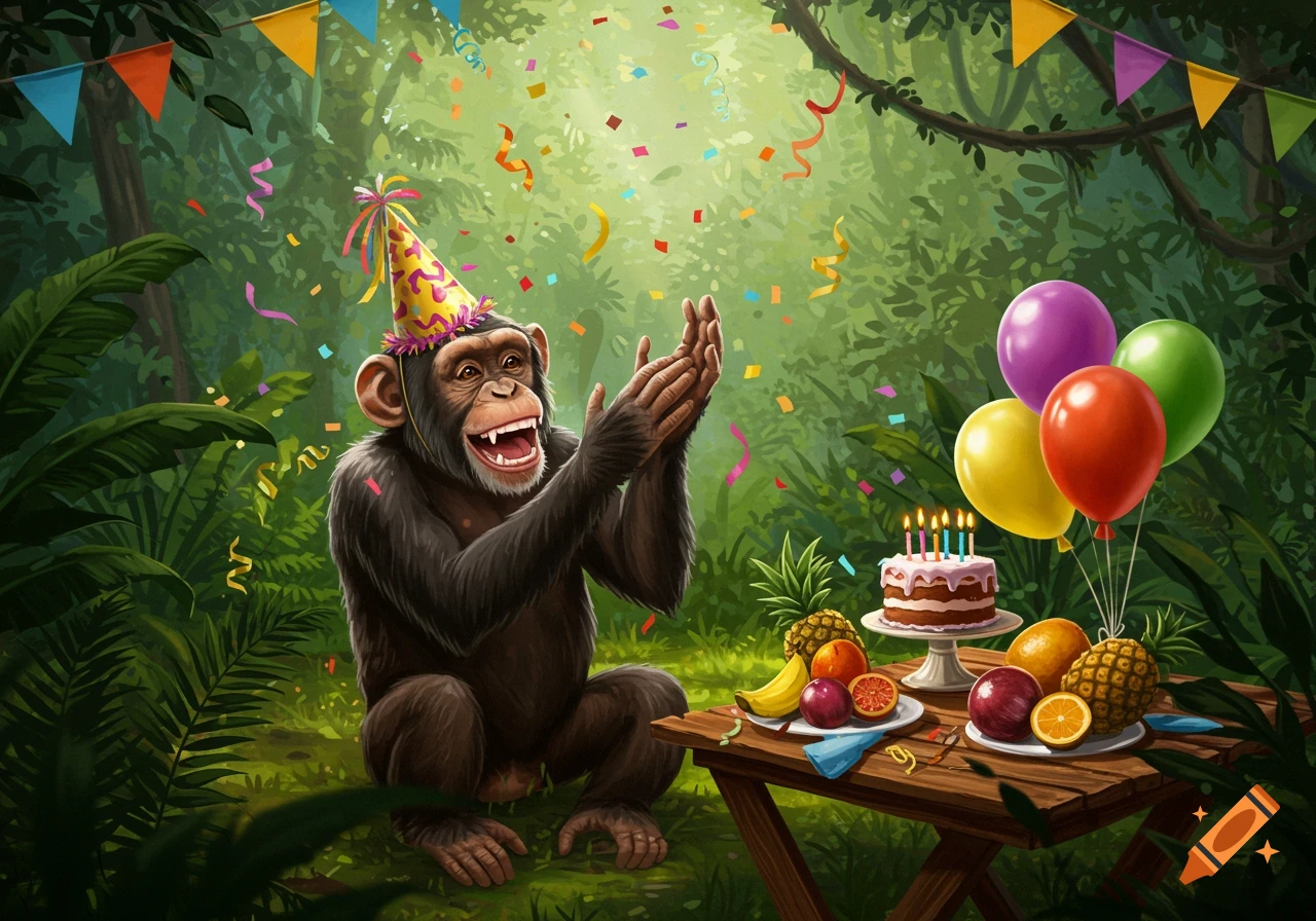 A happy chimp in a party hat claps in a vibrant jungle setting with confetti, balloons, a birthday cake, and fruit on a table.
