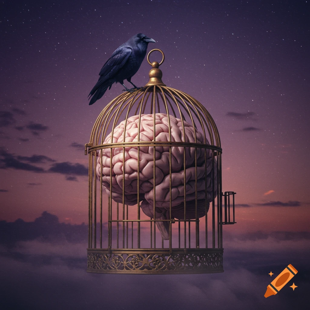 A raven perches on a golden birdcage containing a human brain, set against a dramatic purple starry sky with clouds.