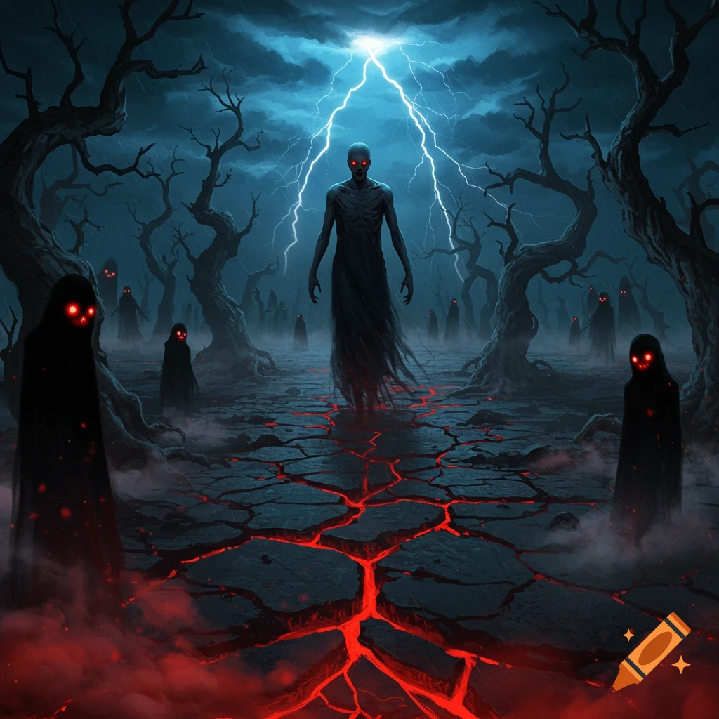 A dark fantasy image featuring shadowy figures with glowing red eyes in a desolate landscape with cracked, glowing red ground and lightning.