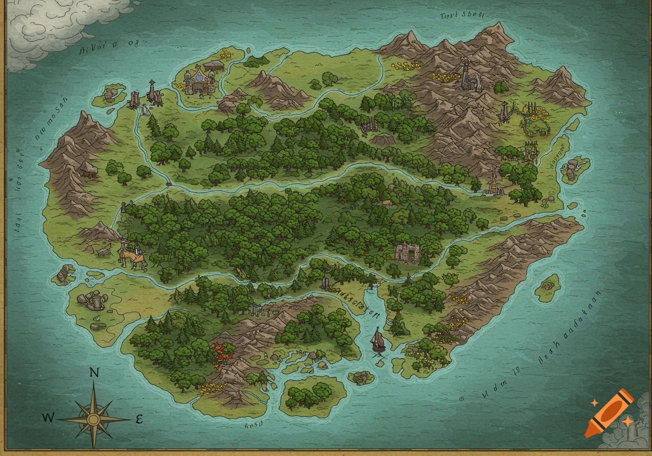A hand-drawn fantasy map of an island with lush forests, winding rivers, rugged mountains, and small settlements, featuring a compass rose.