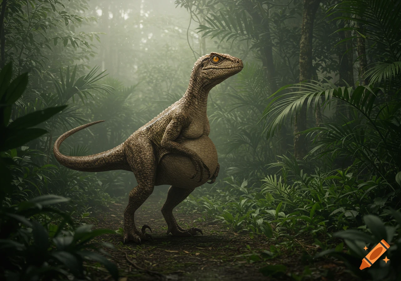 A photorealistic pregnant raptor stands alert in a dense, misty jungle, its textured scales and bright eyes visible.