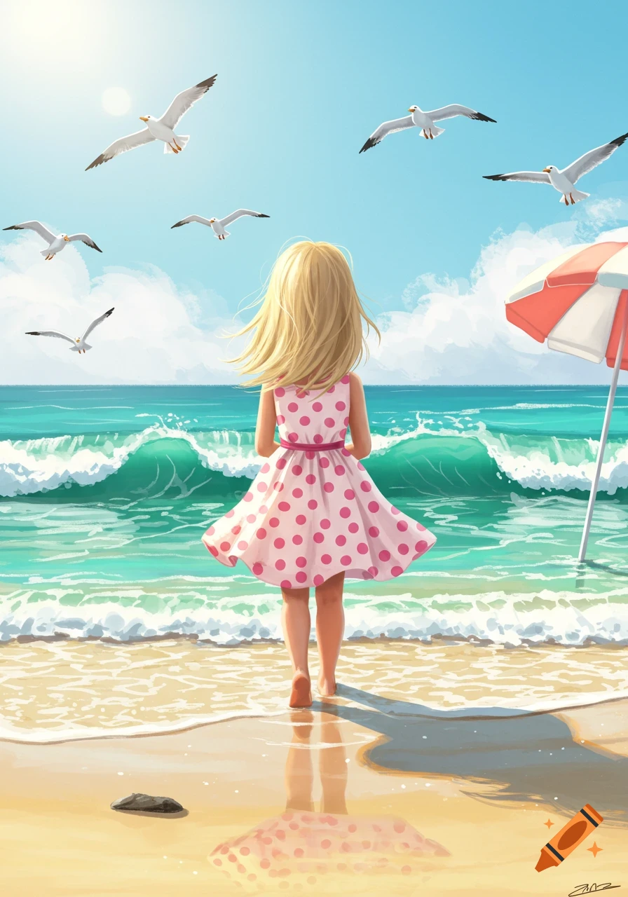 A girl in a pink polka dot dress stands on a sunny beach, looking at the ocean and seagulls flying above, in an illustration style.