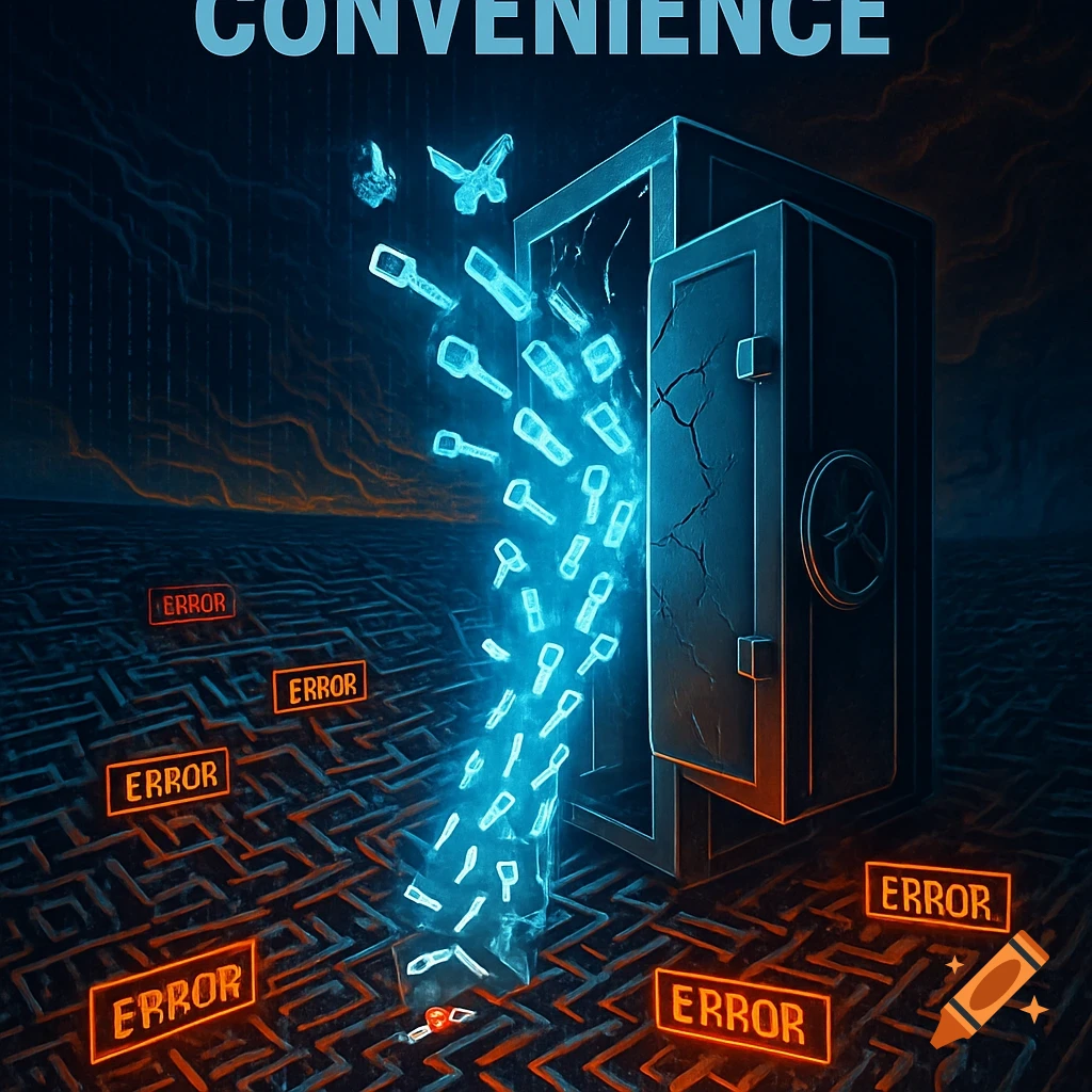 Futuristic image of a safe spilling glowing blue digital keys onto a dark maze floor with red 'ERROR' signs and the word 'CONVENIENCE' at top.