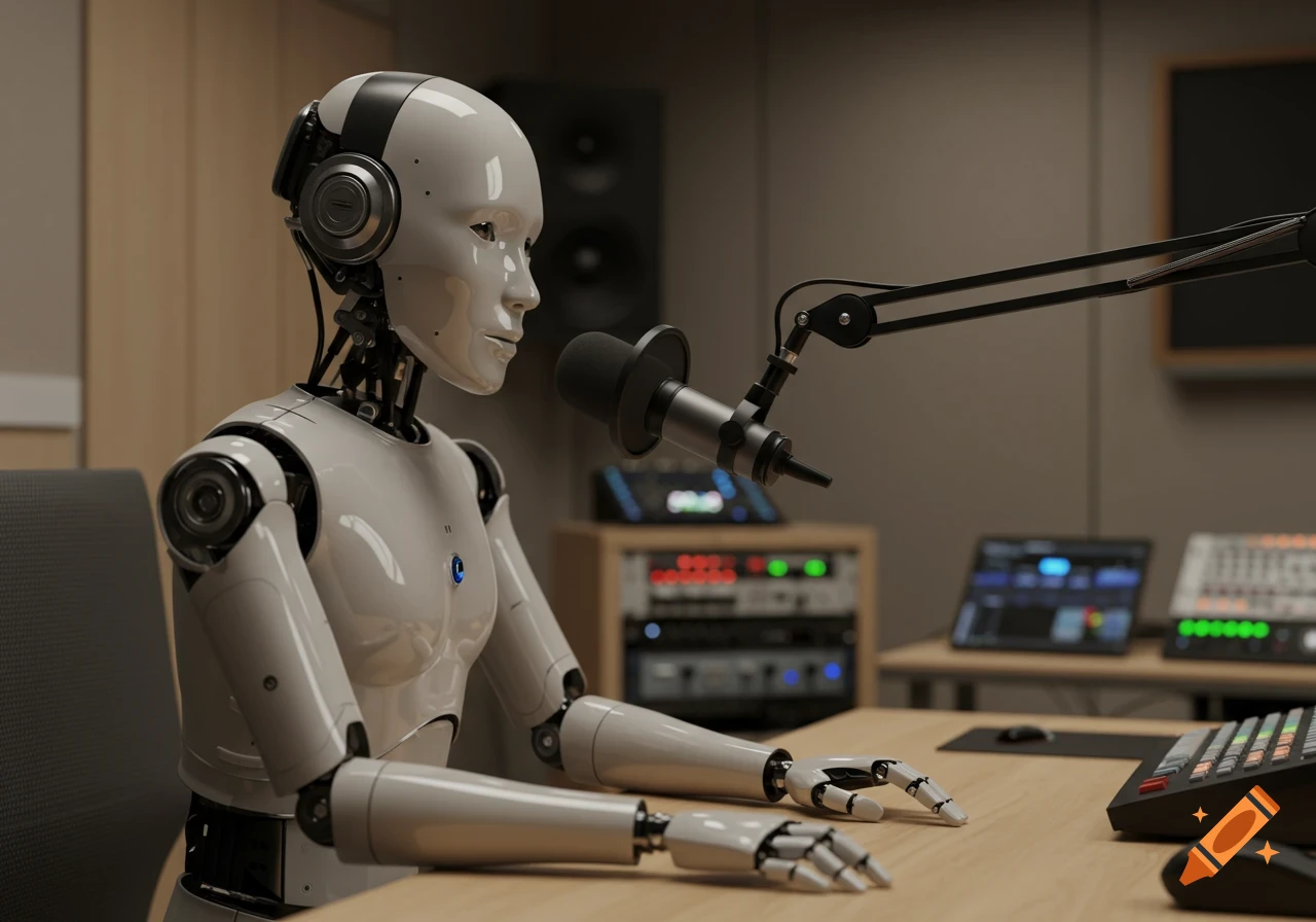 A photorealistic white robot with headphones sits at a desk, ready to podcast in a modern studio.