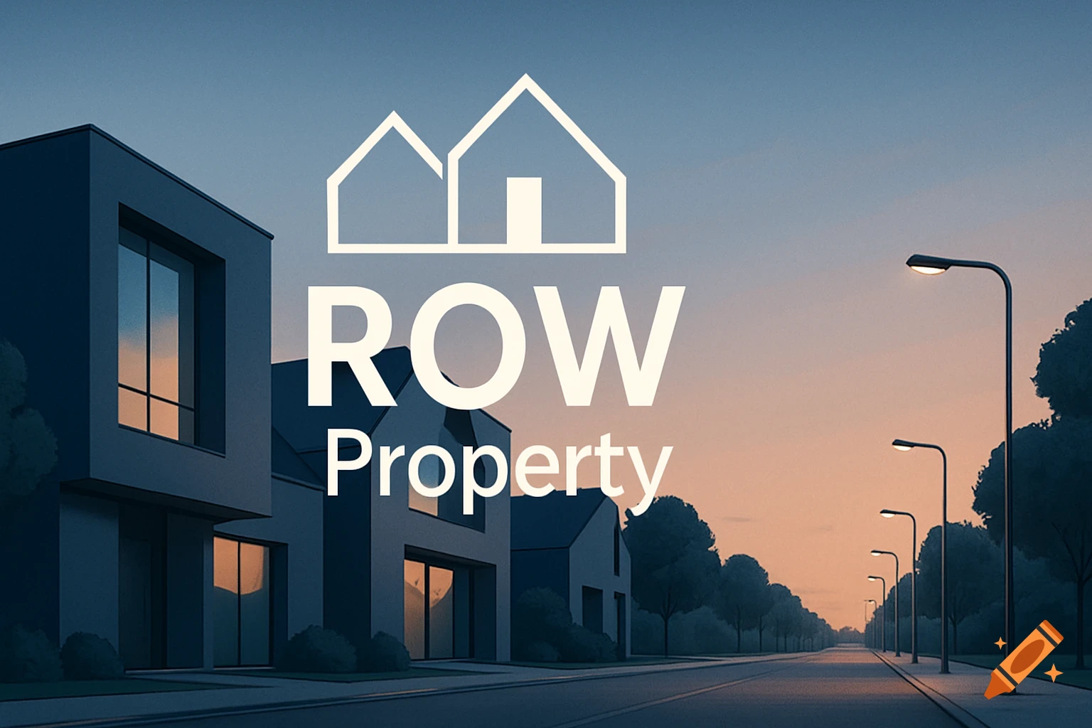 A modern street with houses under a sunset sky, featuring the logo "ROW Property" and house outlines.