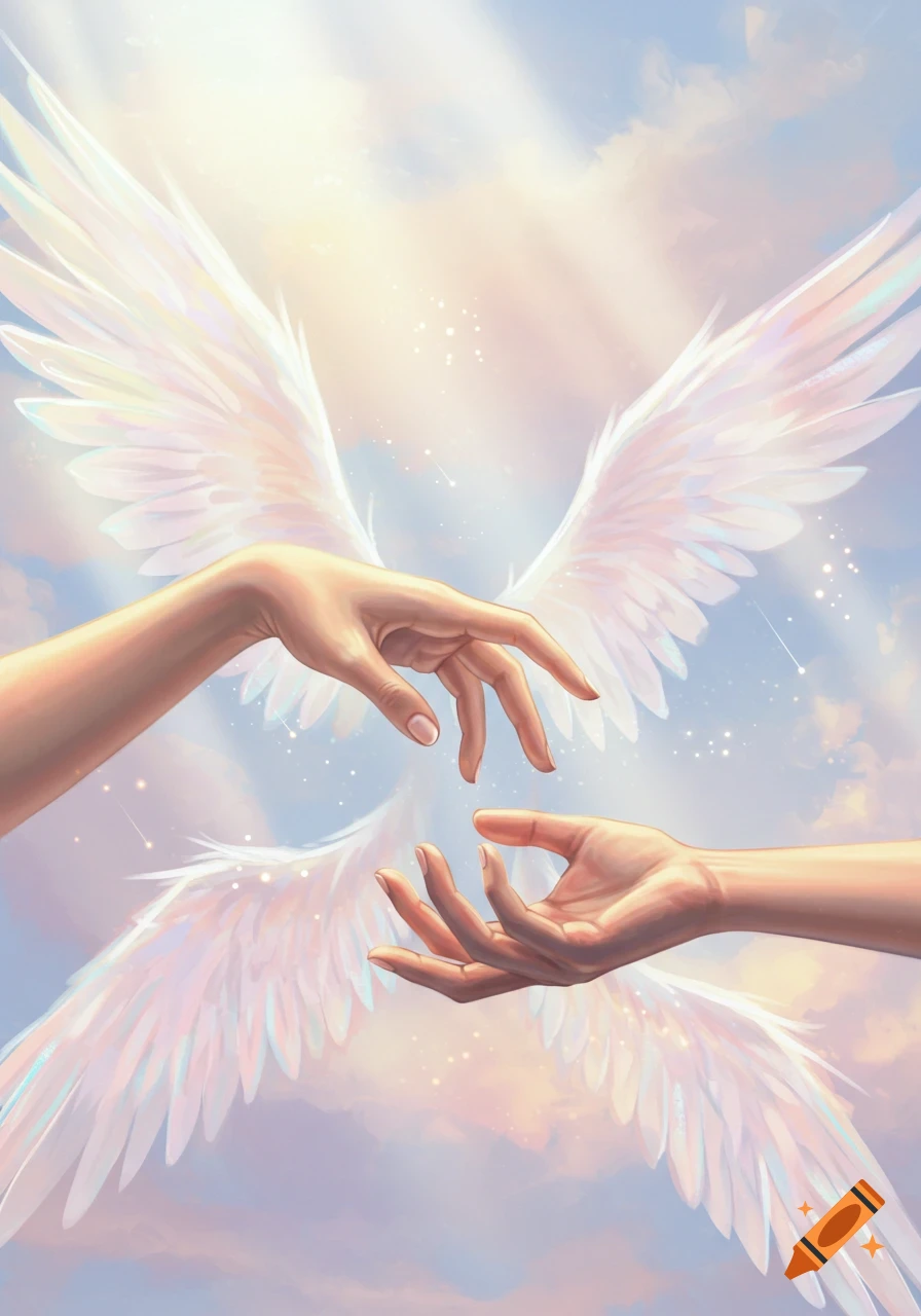 Two ethereal hands reach towards each other against a bright, cloudy sky with large white wings.