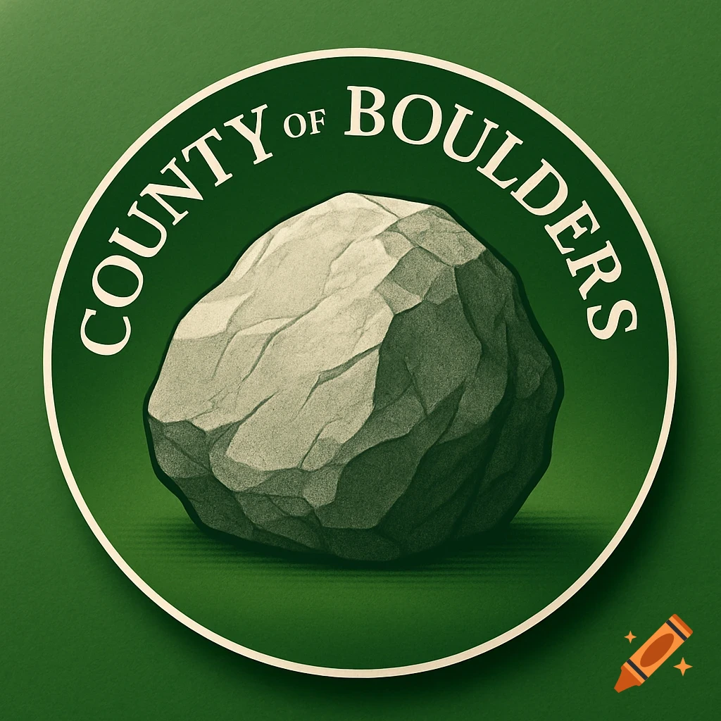 A green round logo featuring a stylized boulder with the text 'County of Boulders' in white.
