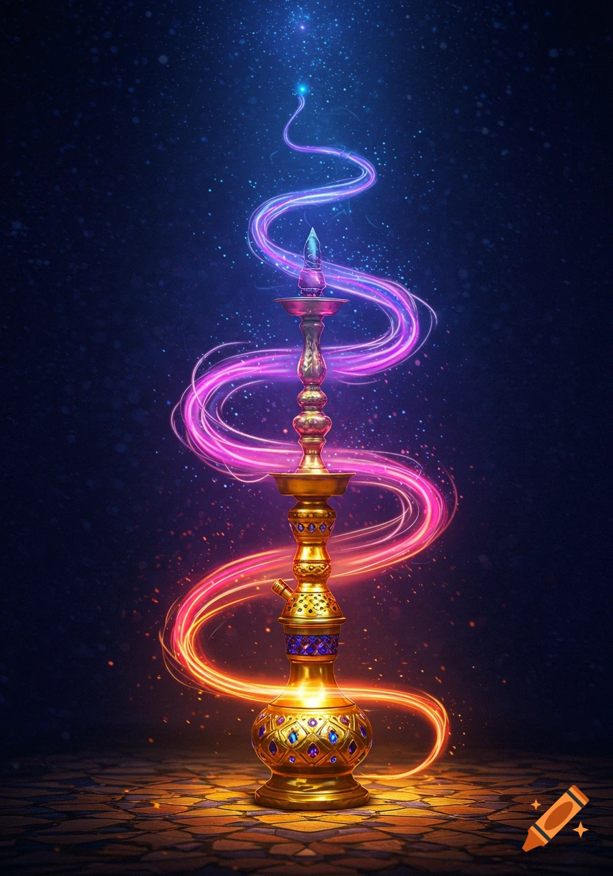 A glowing gold hookah with neon light trails stands on a patterned floor against a dark, starry background, evoking a magical genie.