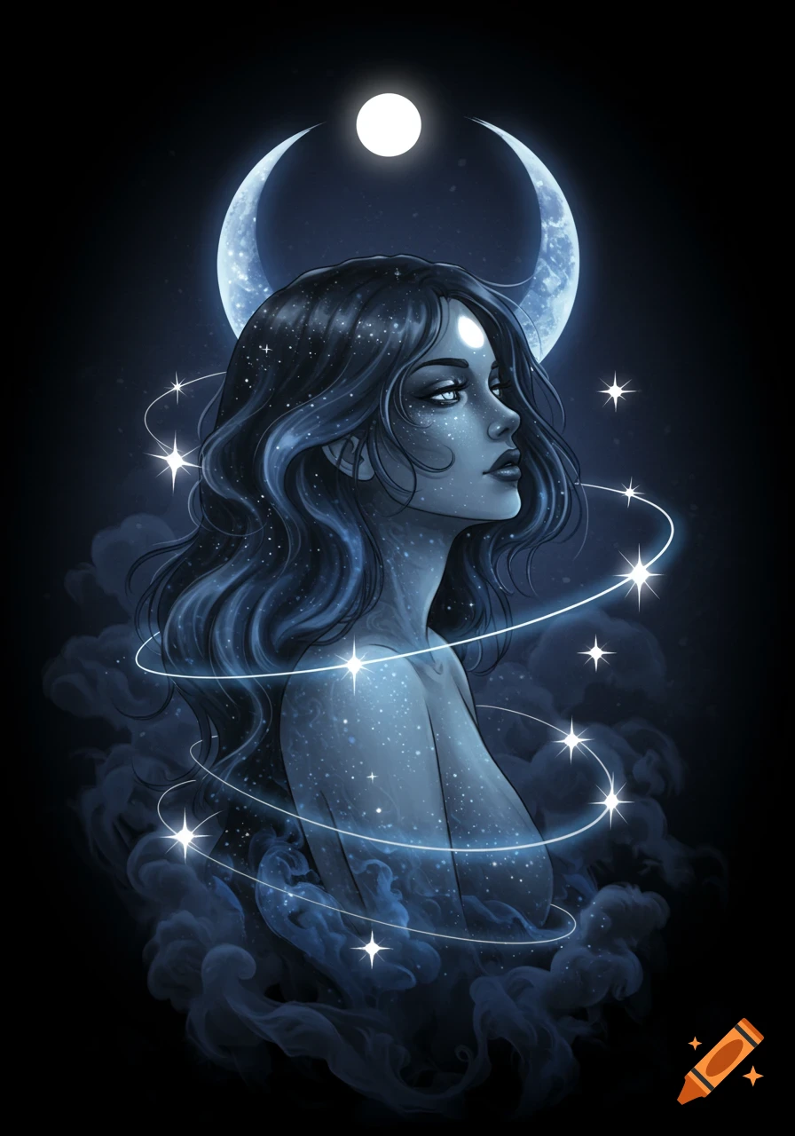 A mystical tattoo-style illustration of a woman with a body of smoke and stars, a moon halo, and orbiting stars.