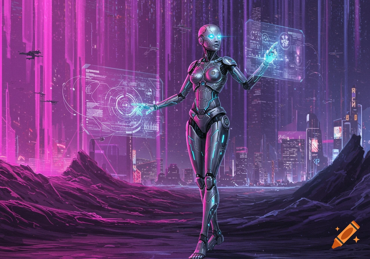 A silver female robot stands in a glowing purple cyberpunk city, interacting with holographic screens in a concept art style.