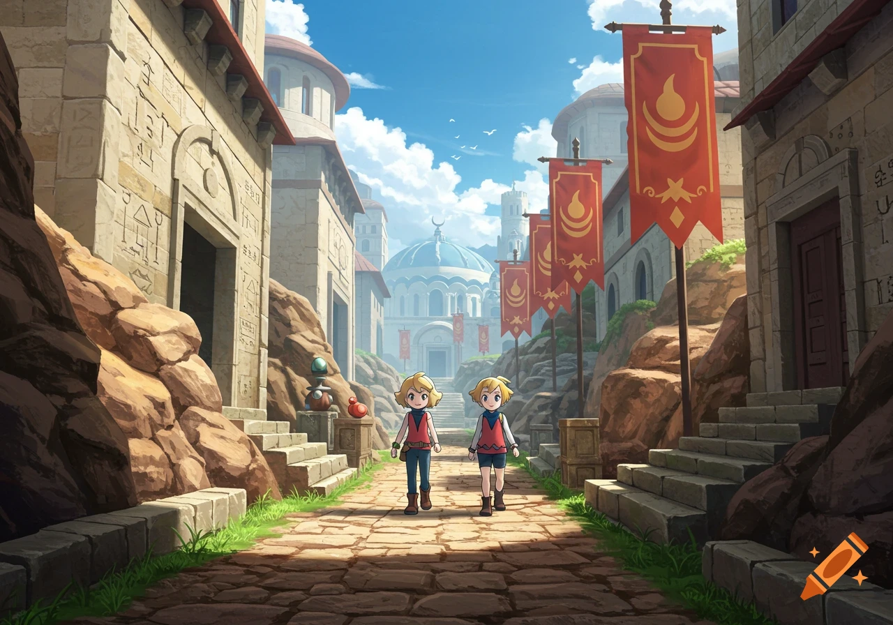 Two anime-style children walk down a rocky path through an ancient city with large stone buildings and red banners under a bright blue sky.
