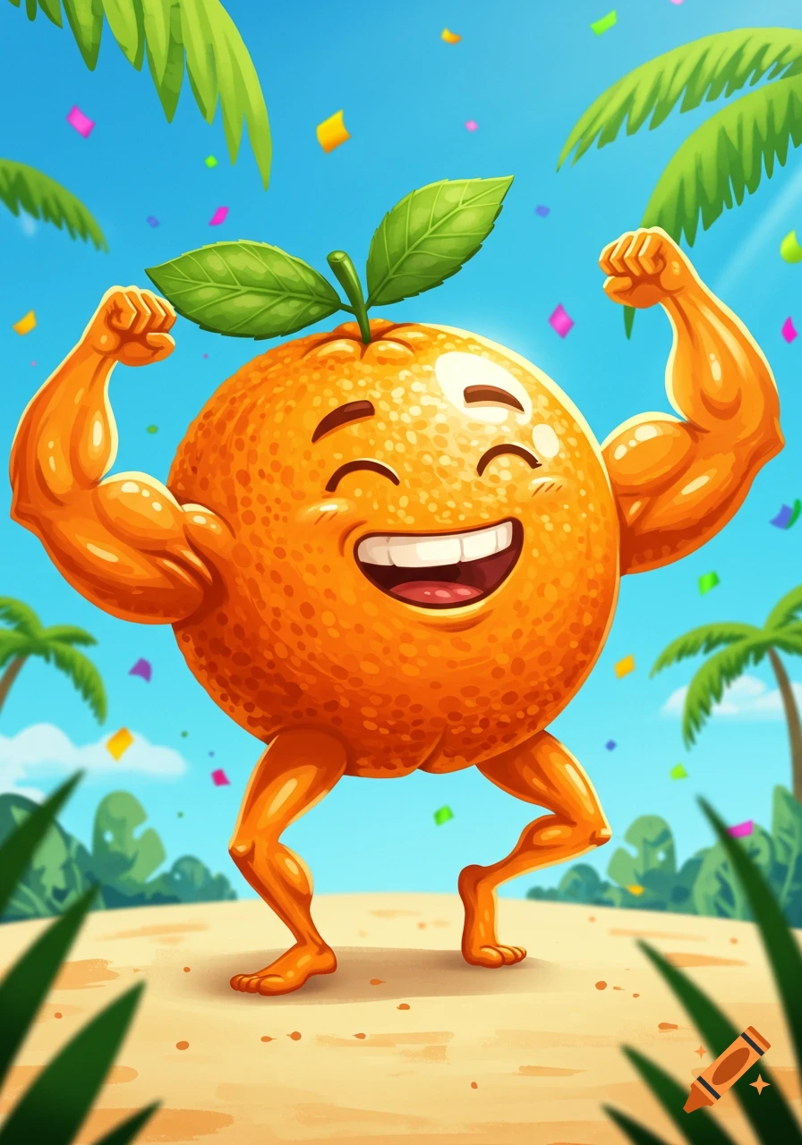 A cheerful, buff cartoon orange with muscled arms and legs smiles, flexing biceps and dancing on a sandy beach with palm trees.