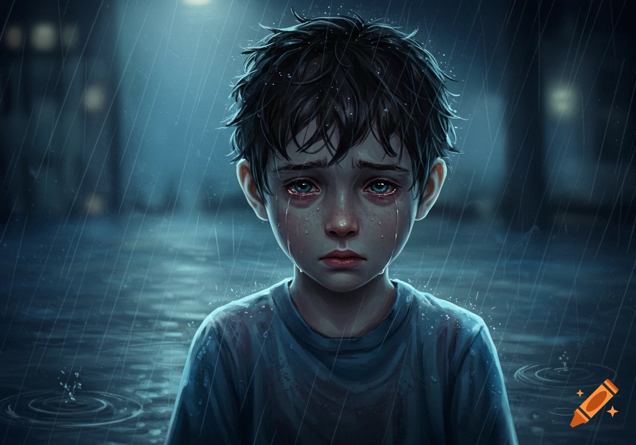 A crying boy stands in the rain at night, illuminated by a distant street light, in a detailed digital painting.