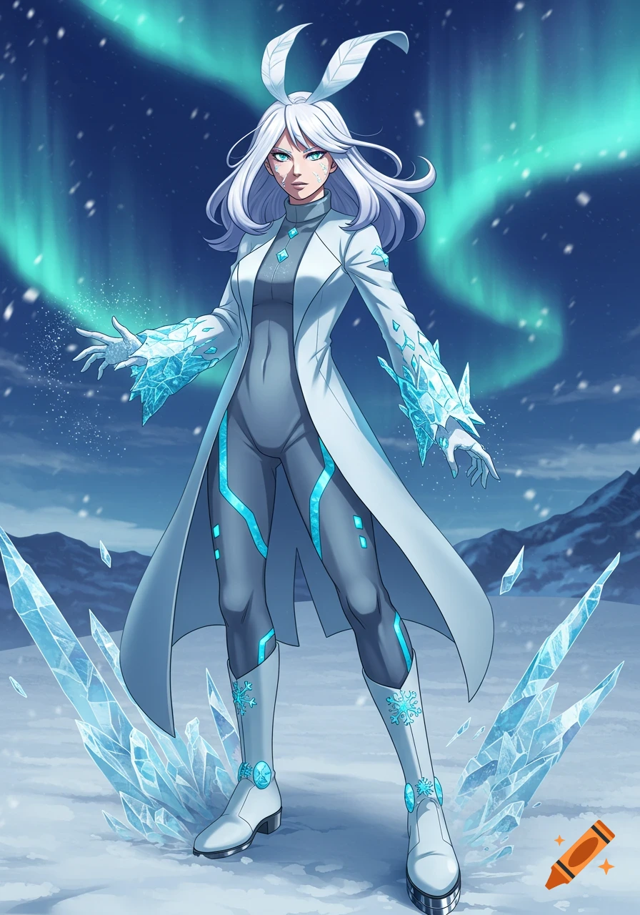 Anime illustration of a white-haired ice superheroine in a white coat and gray bodysuit, standing in a snowy landscape under the aurora borealis.