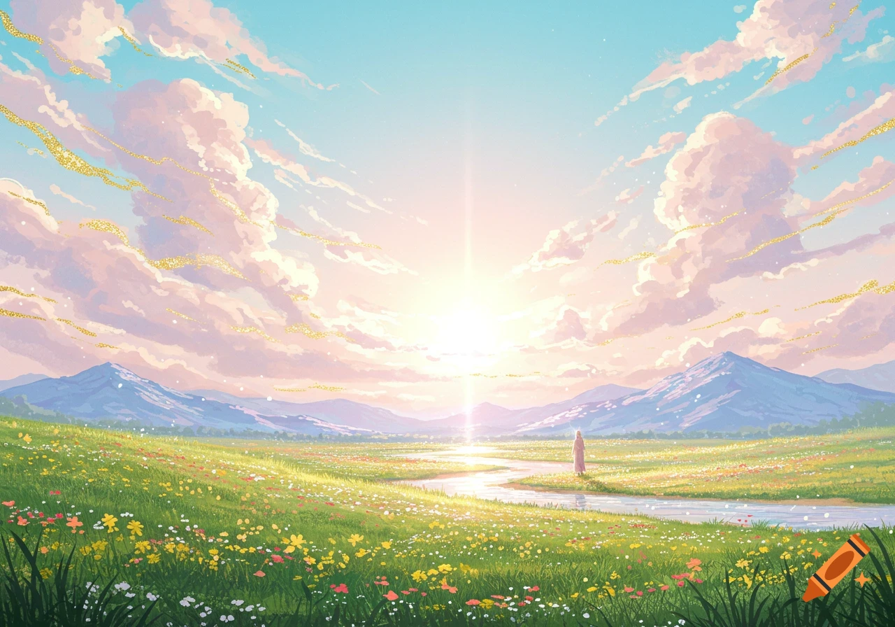 Vibrant landscape illustration: a person by a river in a field of wildflowers, mountains, and a bright sun under pink clouds.