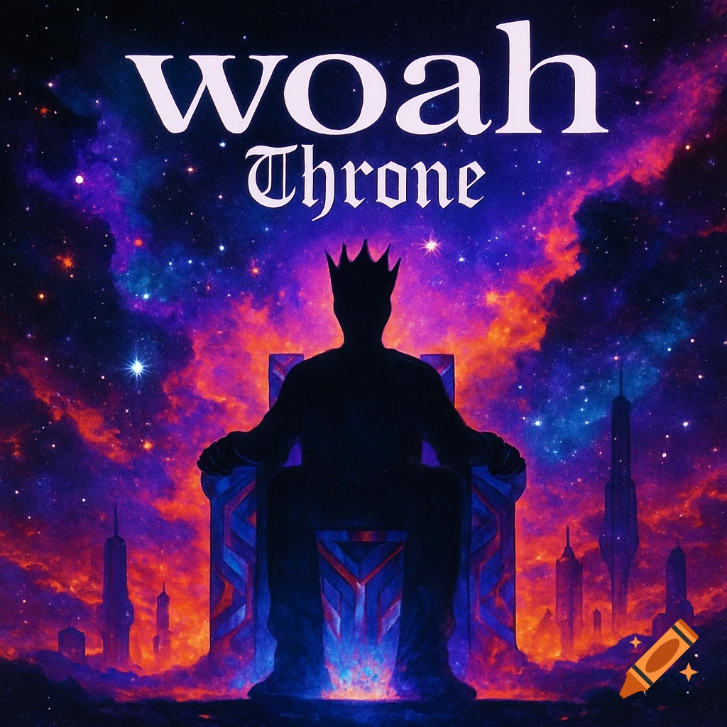 A dark silhouette of a crowned figure on an ornate throne against a vibrant cosmic sky, with 'woah' and 'Throne' text.