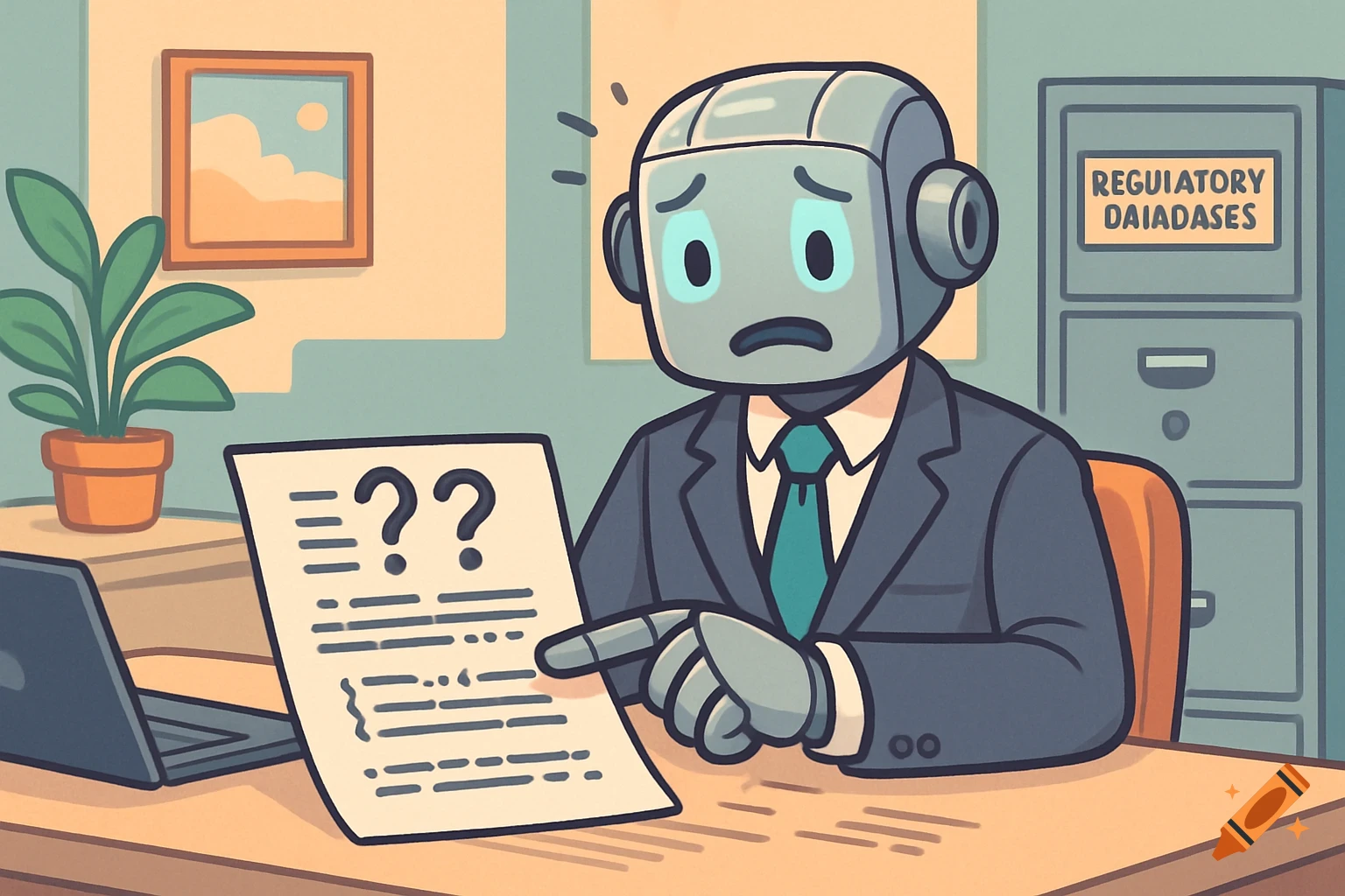 A cartoon robot in a business suit sits at a desk, looking confused while pointing at a document. An office with a filing cabinet labeled "Regulatory Daiadases" is in the background.