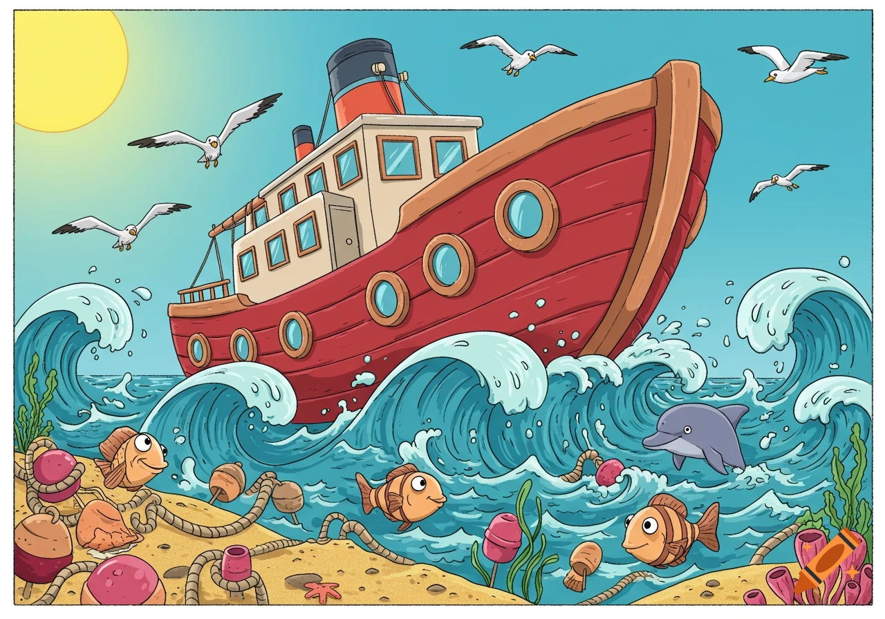 Cartoon illustration of a red ship sailing on wavy blue ocean with seagulls flying, fish, and a dolphin in the water.