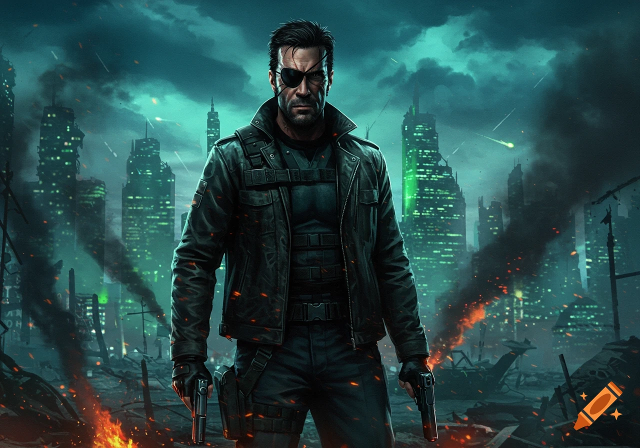 A man resembling Snake Plissken, wearing an eyepatch and leather jacket, stands in a ruined city holding two pistols. Green-lit skyscrapers rise in the smoky background.