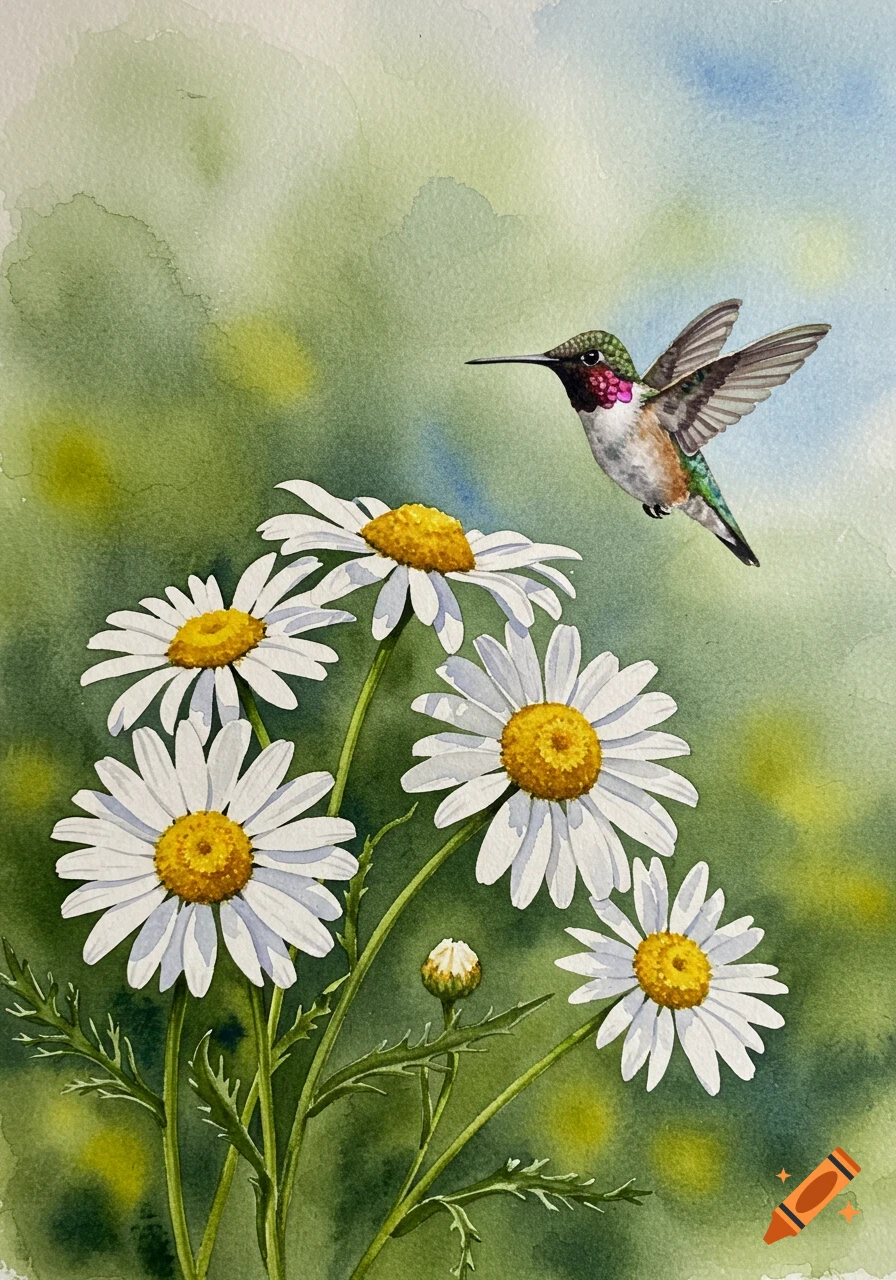 Watercolor painting of a hummingbird flying above white daisies with yellow centers.