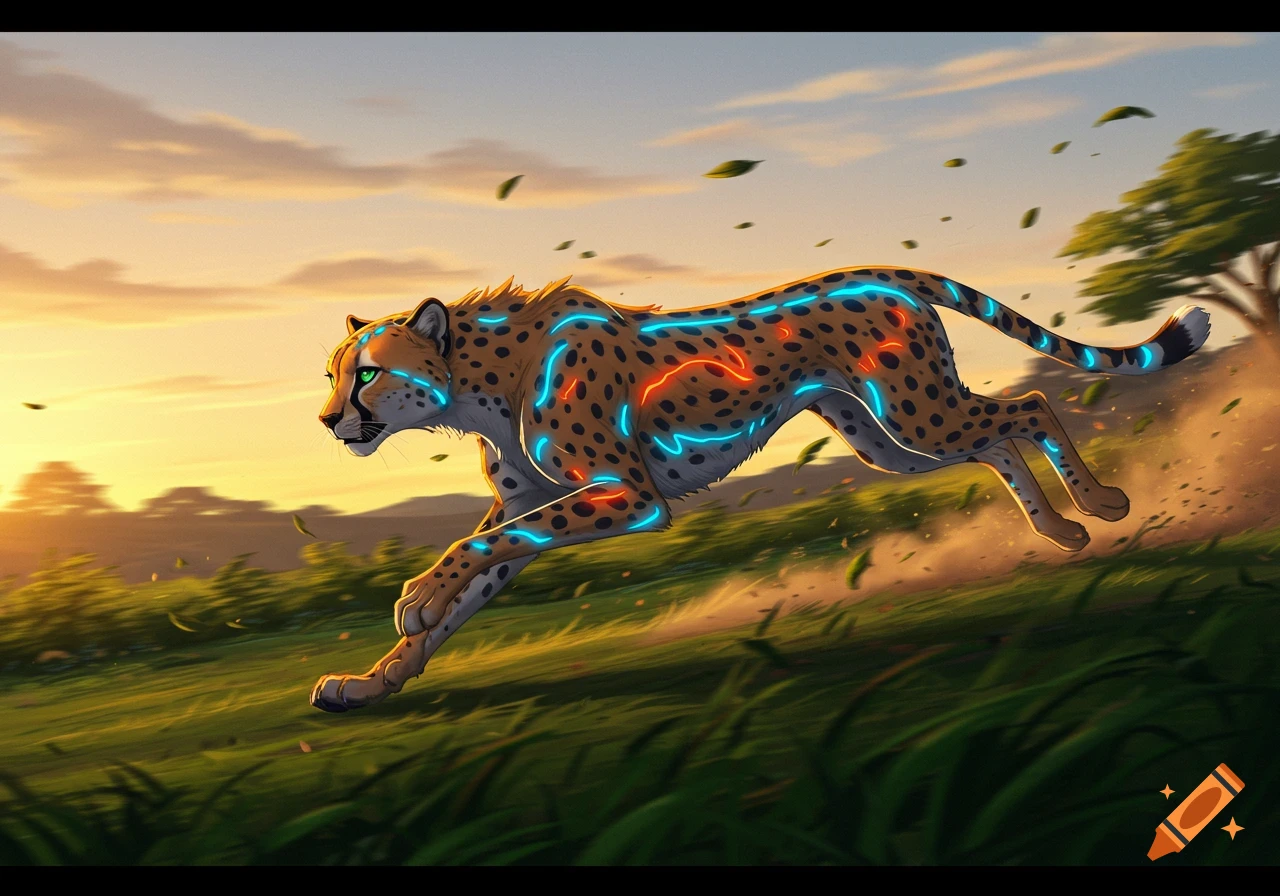 A stylized cheetah with glowing neon lines runs through a grassy savanna at sunset, with leaves flying. Digital art style.