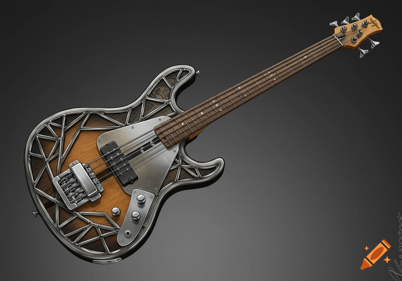 A detailed illustration of a custom bass guitar with a skeletal metal design, wood body, and a dark background.