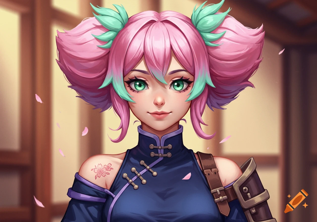 A stylized anime character with pink and mint hair in twin buns, green eyes, wearing a navy uniform with a cherry blossom tattoo on her shoulder.