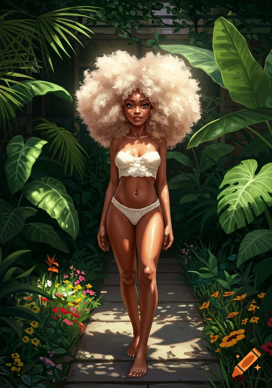 A dark-skinned woman with a huge blonde afro walks through a lush green jungle path in a digital art style.