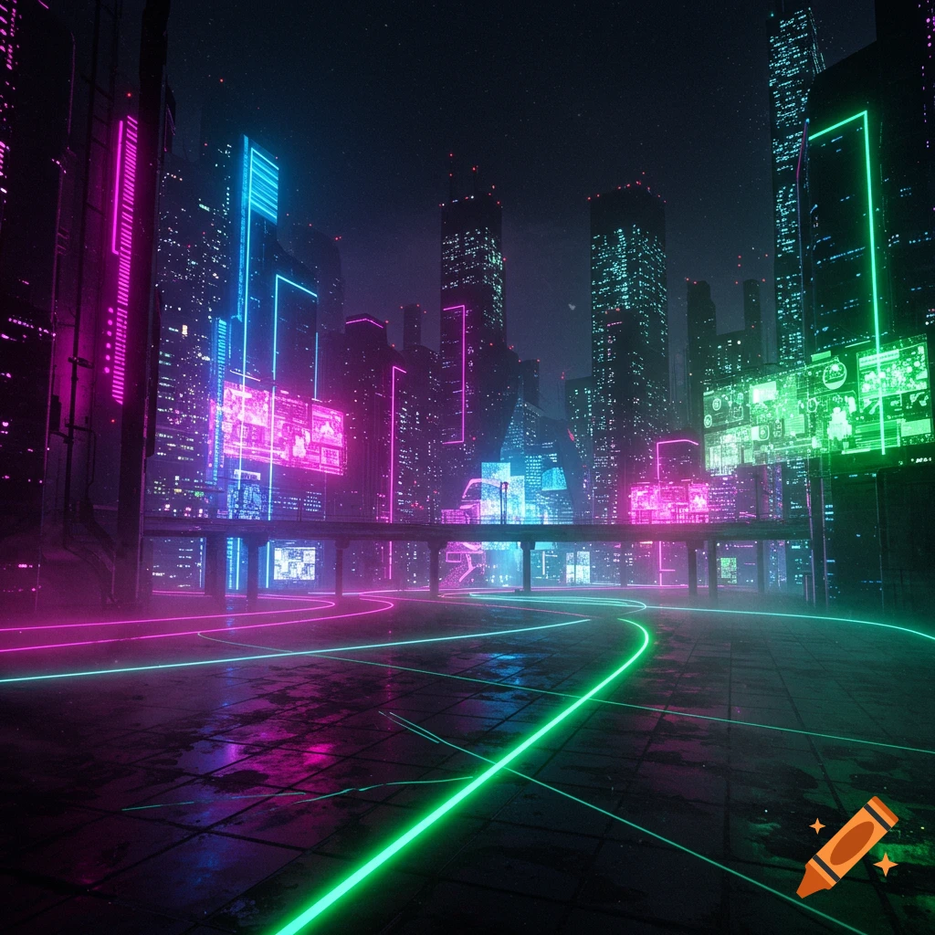 A vibrant cyberpunk cityscape at night with glowing pink, blue, and green neon lights, an elevated highway, and towering skyscrapers.