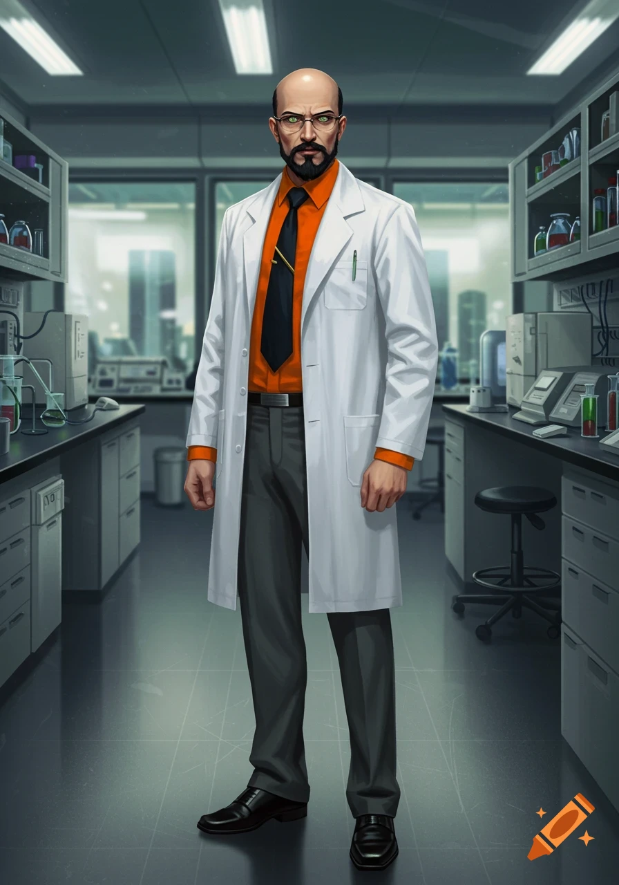 A full-body digital illustration of a bald man with a goatee, wearing a white lab coat and orange shirt, standing in a laboratory.
