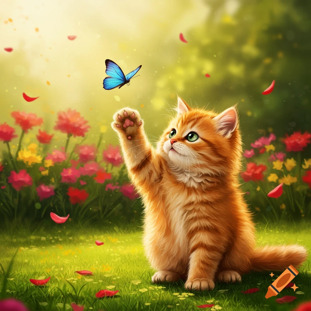 An orange kitten with green eyes reaches up to bat at a blue butterfly in a lush garden with red flowers and falling petals, in an illustrative style.