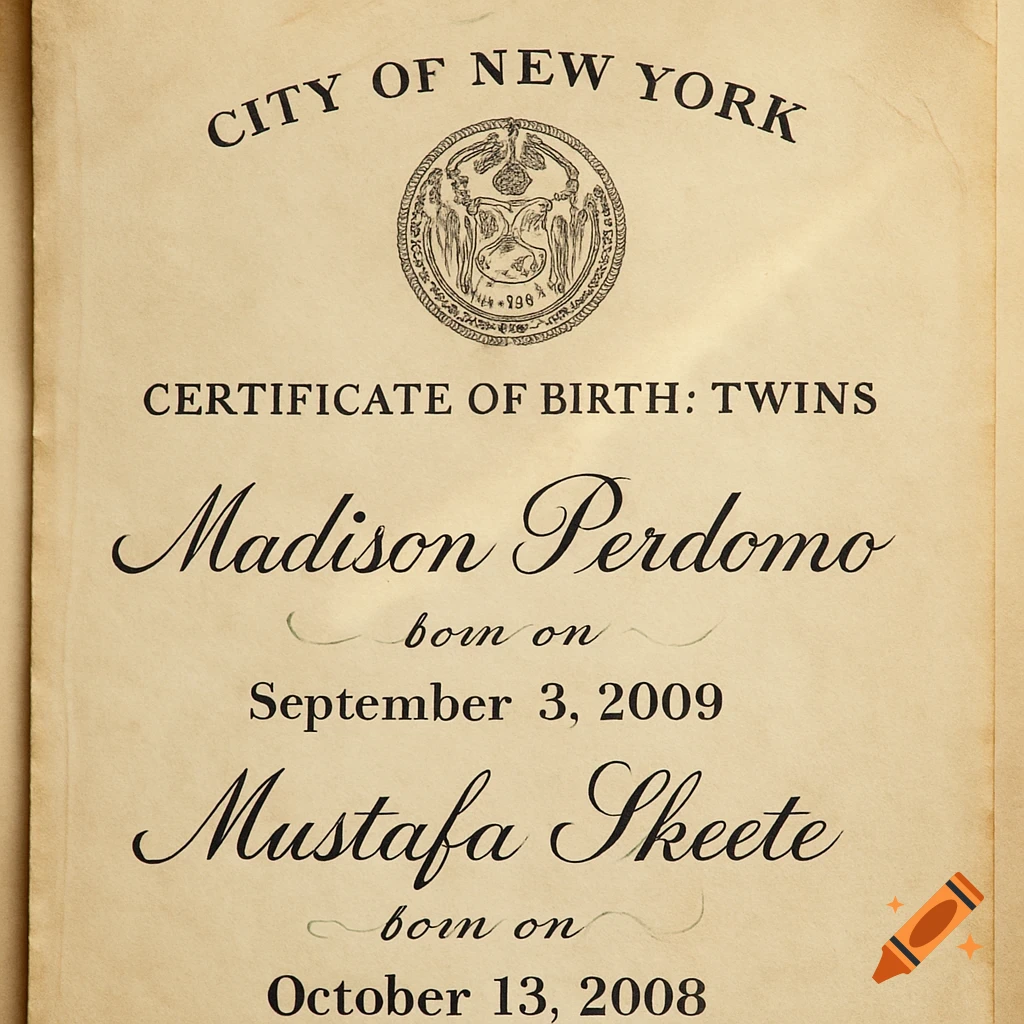 A realistic, aged New York City birth certificate for twins, Madison Perdomo and Mustafa Skeete, with their birth dates.